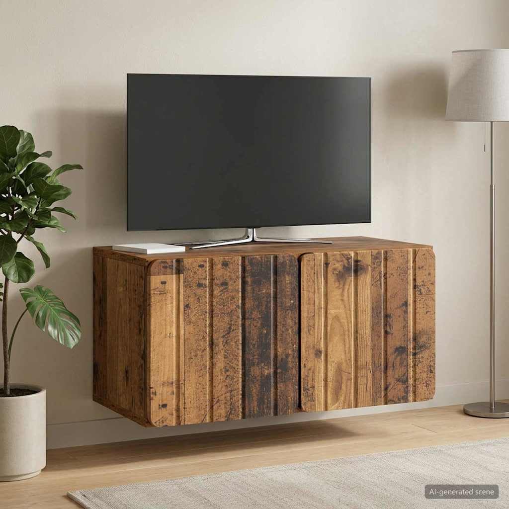 Mobile Porta TV da Muro in Legno Antico 59,5 x 31 x 30 cm con 2 Ante a Cerniera Girevole 90°, Supporto Sospeso Salvaspazio per Soggiorno Moderno, Consolle Armadietto Scaffale Versatile