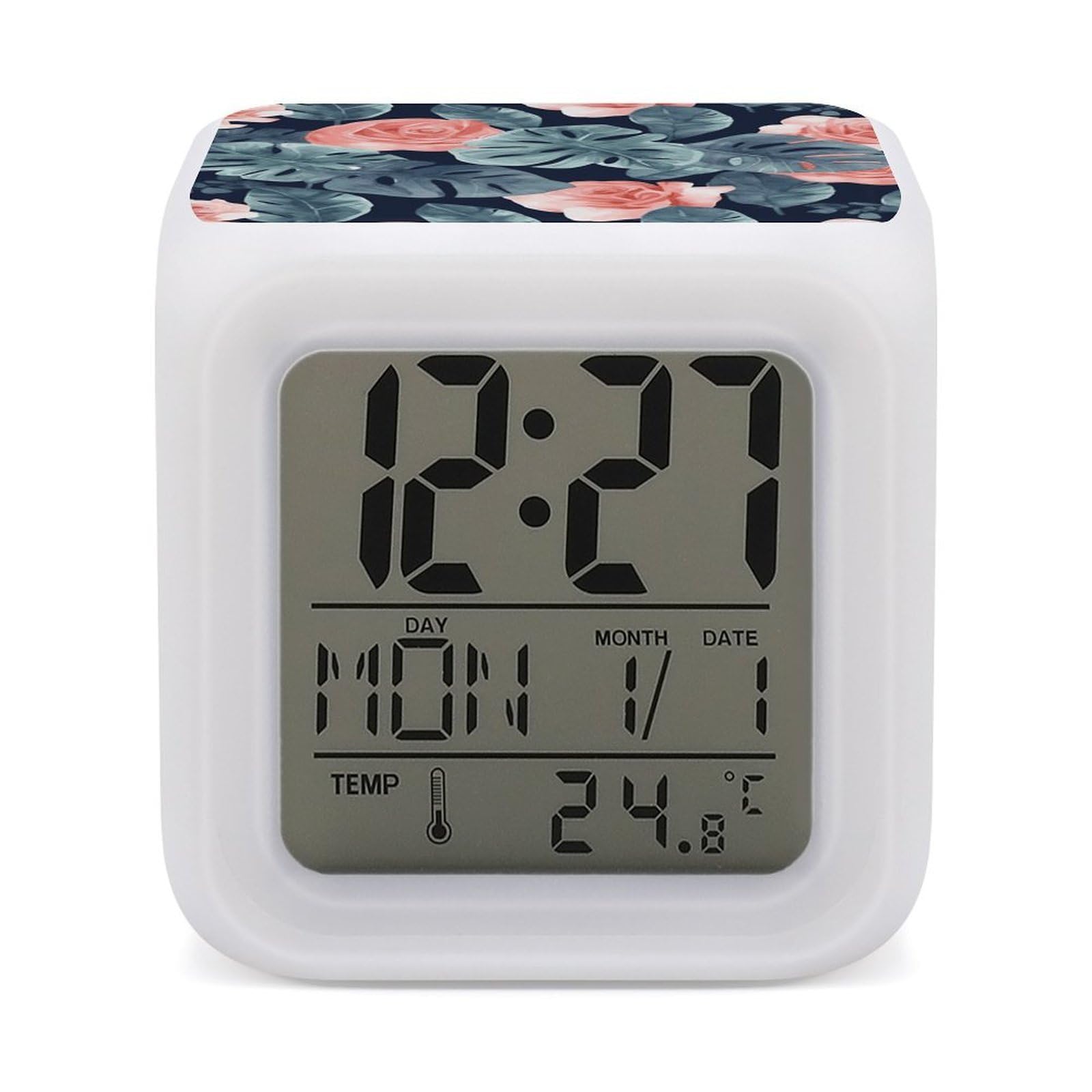 VstaDank Watercolor Monstera Pattern Alarm Clock with 7 Color Changing Night Light Date Temp Display Wake Clocks LED Display Digital Clock Electric Desk Clocks for Living Office Bedroom Decor