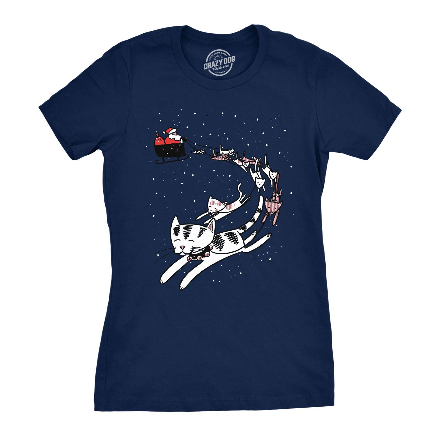 Womens Cat Reindeer Sleigh T Shirt Funny Santa Christmas Holiday Party Tee Funny T Shirts Christmas Tops for Women Cool Cat Top Women's Novelty Tees Navy 3XL