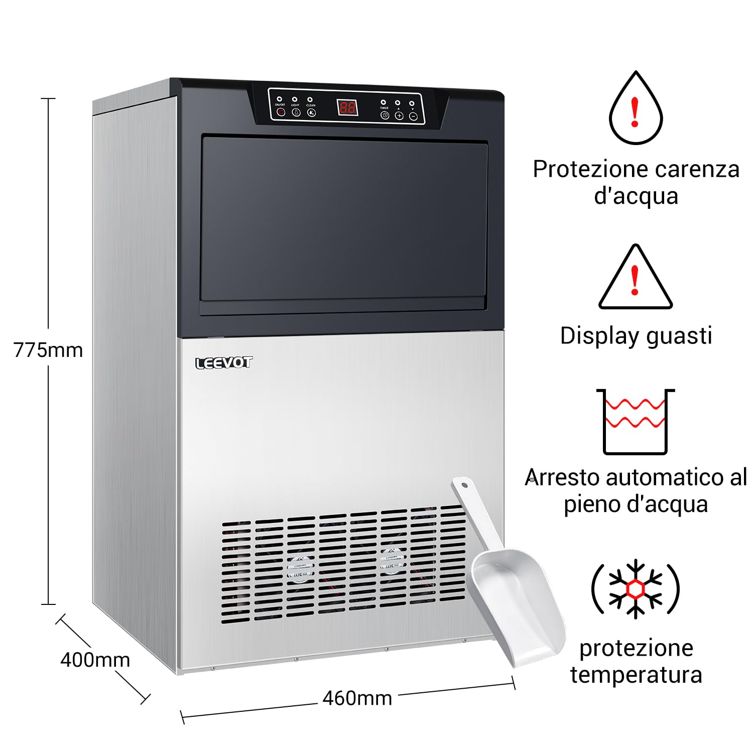 LEEVOT Macchina per Cubetti Ghiaccio Professionale - Macchina del Ghiaccio Casa 45KG/24h, 320W, per Casa, Bar e Uso Commerciale