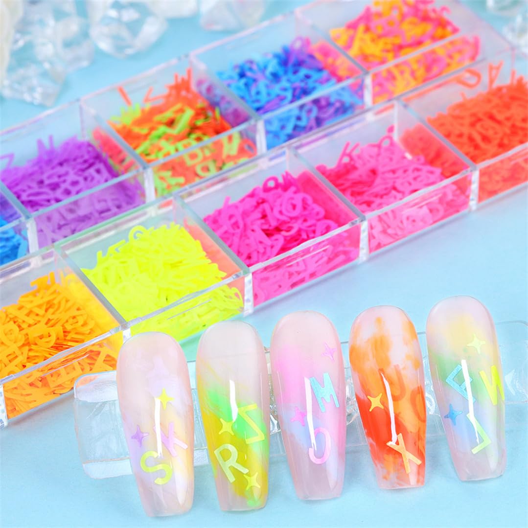 12 Grids Colorful Fluorescent Letters Acrylic Nails Supplies Sticker for Make Up DIY Decoration,Nail Art Flake Acrylic for Women