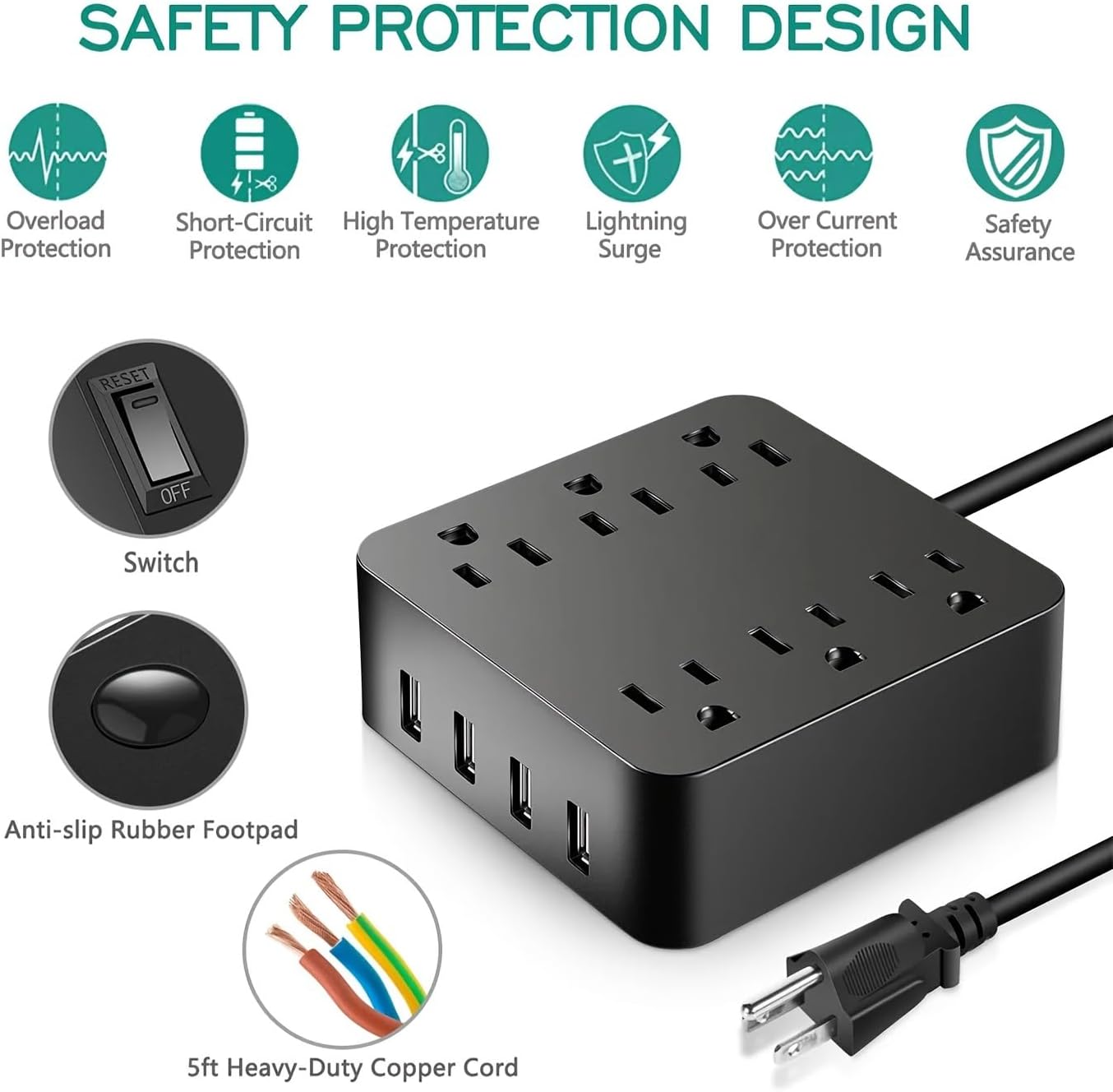 Power Strip Surge Protector, 6 AC Outlet with 4 Port USB Power Strip Charger 5ft Power Cord 1875W 100-240V for Home, Office, Dorm Essential,Black