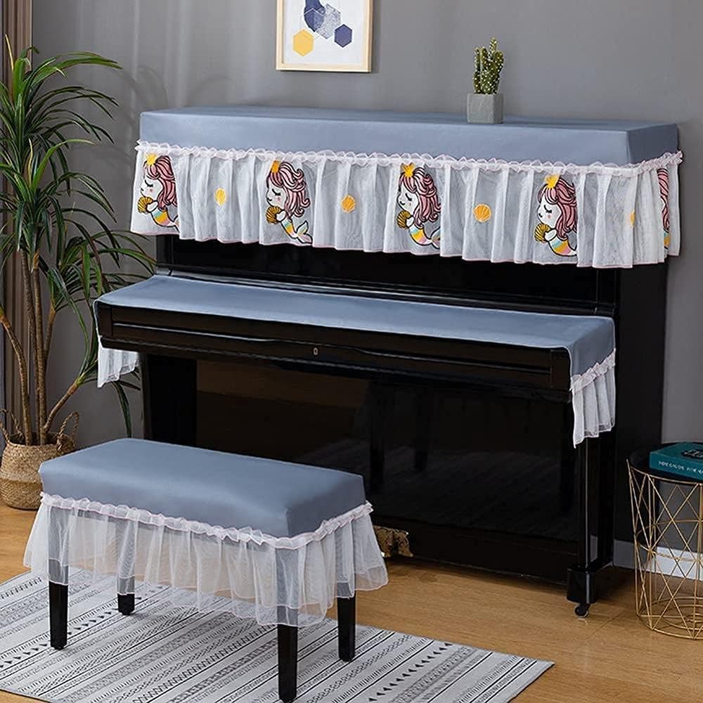 Upright Piano Cover Set Fashion Dustproofing Cover Piano Cover Cloth Upright Piano Full Cover Piano Cute Lace Keyboard Cover Stool Cover Dust-Proof Cover(Swan(Mermaid-Single chair cover 58*38cm
