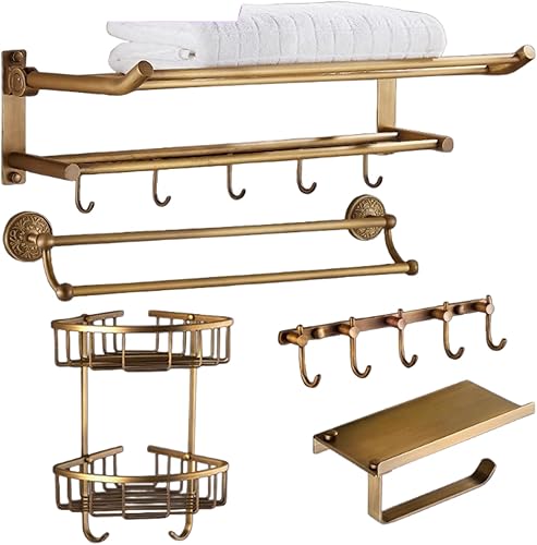 Vintage Brass Bathroom Hardware Set - Solid Copper Wall Mounted Towel Bar, Folding Towel Rack, Corner Shelf, 5-Hook Hanger, Toilet Brush Holder -