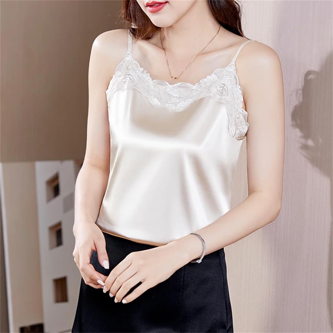 Canotte da donna senza maniche estive pizzo fiori seta allentata ANK Tops