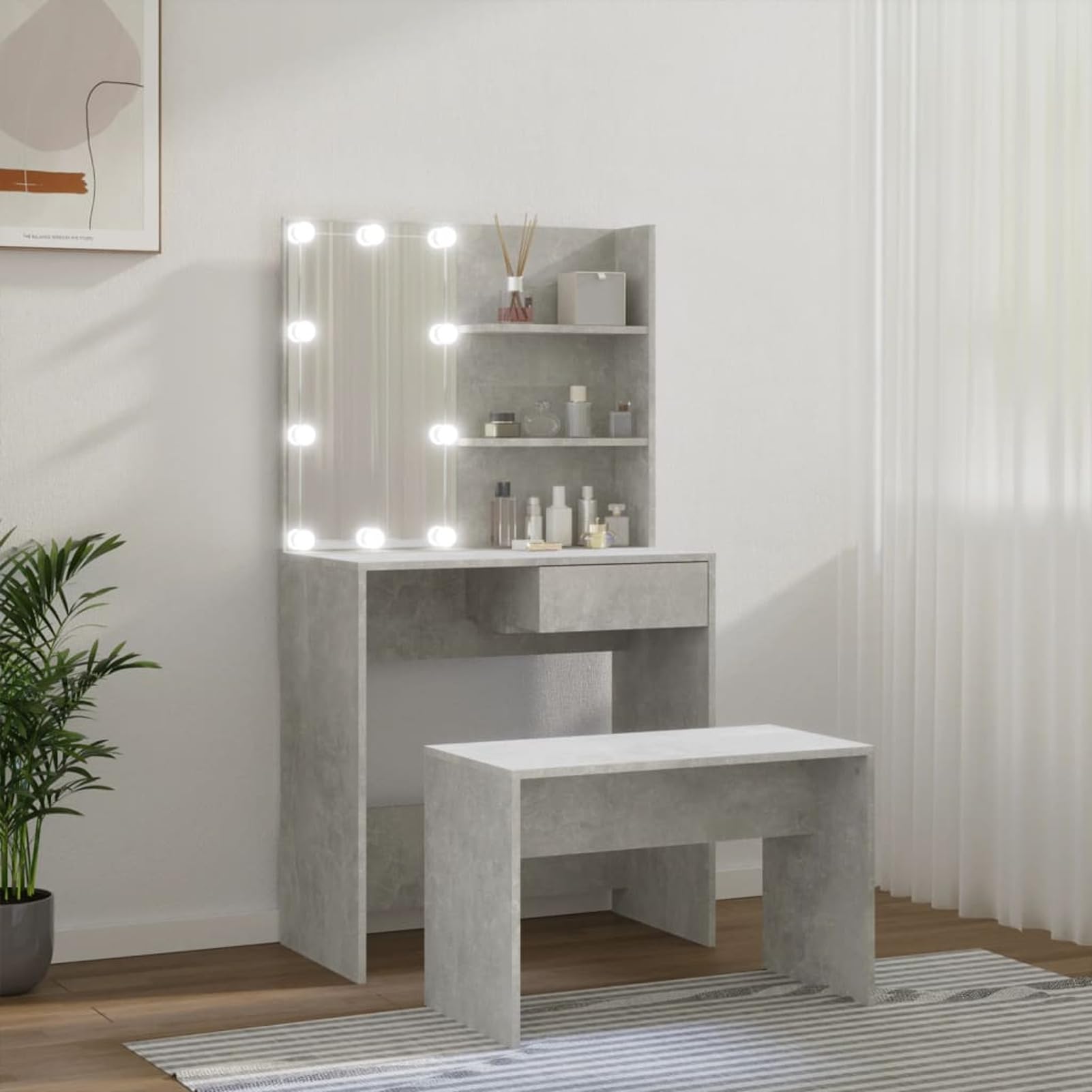 ShGaxin Zestaw kosmetyczny z diodami LED, toaletka, toaletka, stolik do makijażu, toaletka, toaletka, toaletka, szafka na kosmetyki, sklejka betonowa, szara