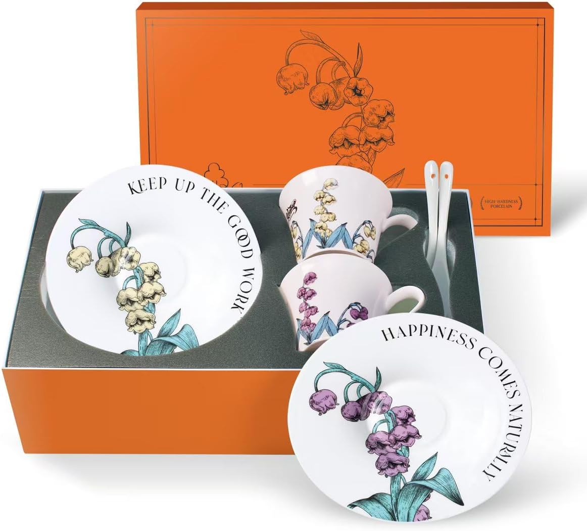 Tea Cup Set with 2 Cups, 2 Saucers & 2 Spoons – 7 oz Demitasse Coffee Mugs