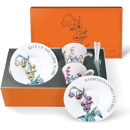 Tea Cup Set With 2 Tea Cups 2 Saucers And 2 Spoon 7 OZ Espresso Coffee Mug Vintage Creativetea Teacup And Saucer Set For Coffee,Tea,Latte, Cappuccino