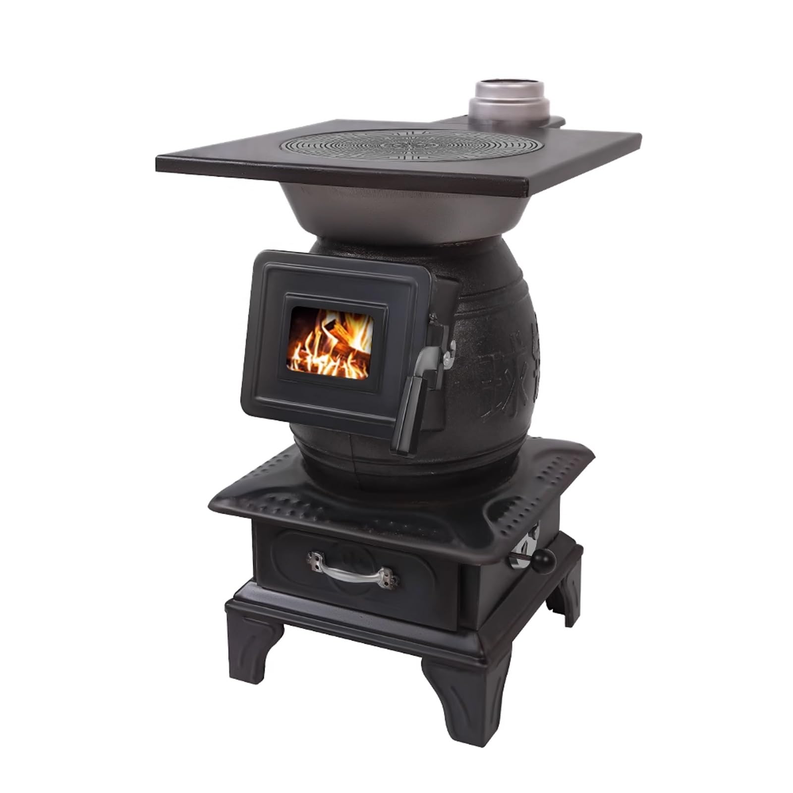 Mini Poele a Bois en Fonte Construction en Fonte avec Hublots D'observation Cuisiniere a Bois Grand Foyer Sans Fumée Convient pour la Cuisson et le Chauffage au Quotidien(A)