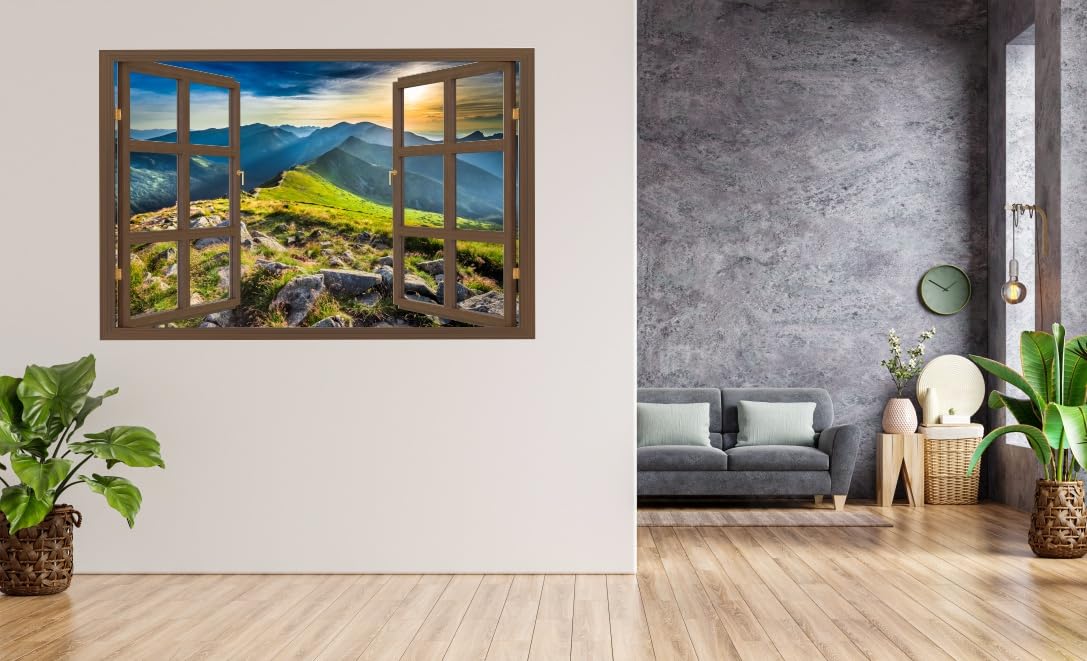 Wandtattoo - Wanddeko - Selbstklebende Folie - Fototapete - Wandsticker - Fototapete 3d Effekt - Selbstklebende Tapete - Fenster & Berg Motiv - Berge, Sonnenuntergang - 150x100cm
