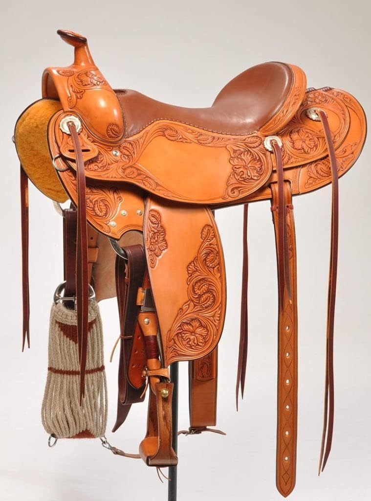 Western Horse Saddle Wade Tree A Fork Ranch Roping Work Handmade Tooled Carved Premium Leather Equestrian Trail Horse Saddle for Horse Riding Size: 10-18 inches Seat, OS30