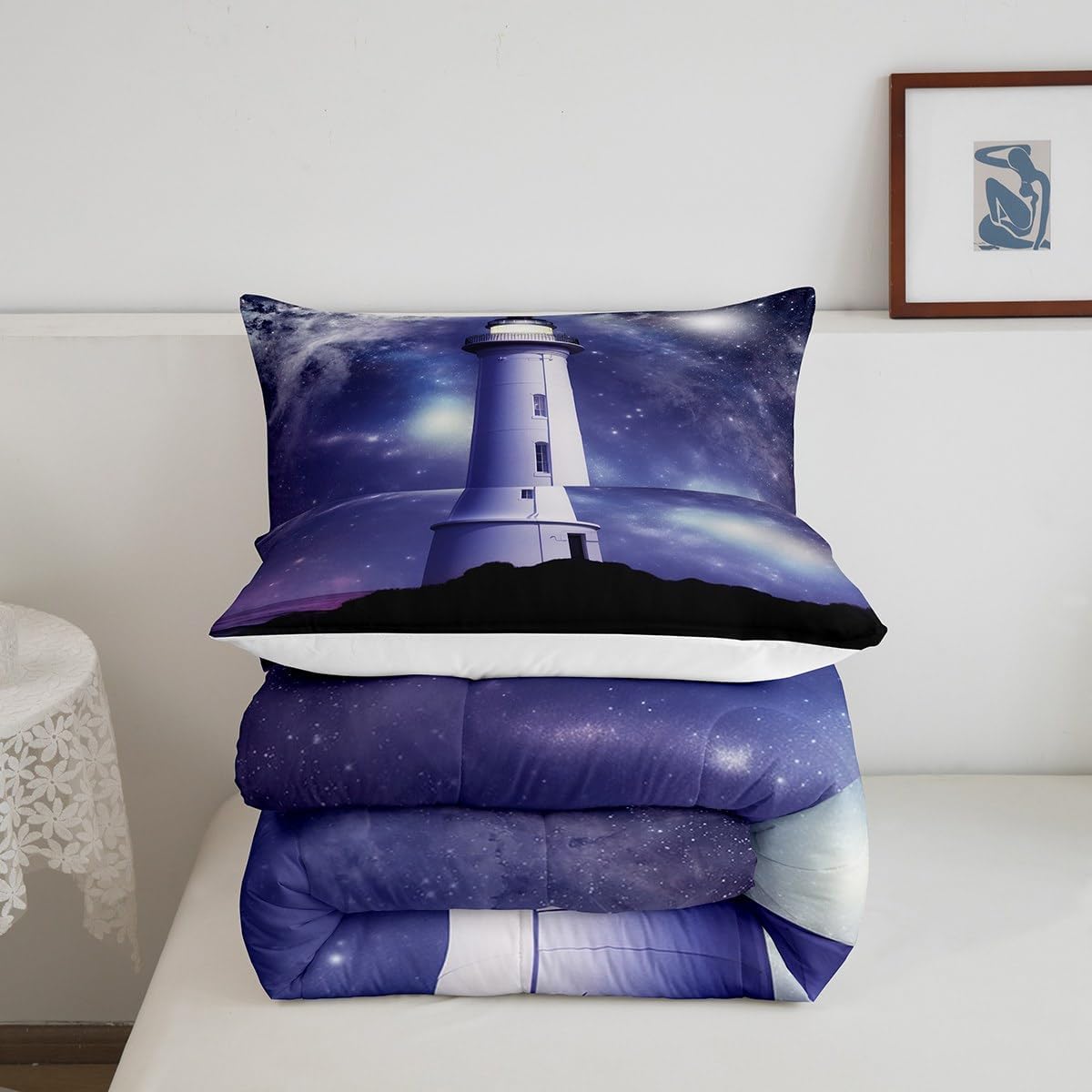 Erosebridal Coastal Bedding Set Queen, Nautical Lighthouse Comforter Set Ocean Decor, Purple Galaxy Universe Quilt Set for Boys Teens, White 3D Lighthouse Soft Microfiber Quilted Duvet, Purple Black