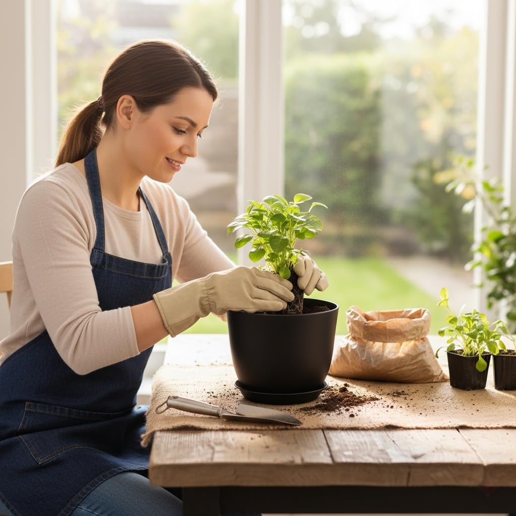 Vanslogreen Plant Pots 8 Inch Set of 6, Flower Pots with Drainage Holes and Saucer, Plastic Garden Planters for Indoor & Outdoor Plants (Black)