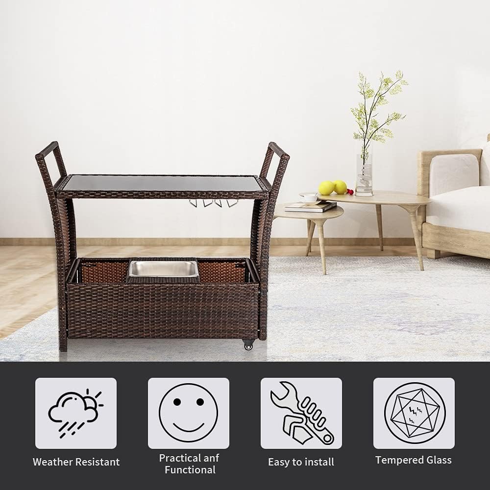 Outdoor Patio Furniture Set Wicker Rattan Serving Bar Cart with Ice Bucket Wine Rack Brown