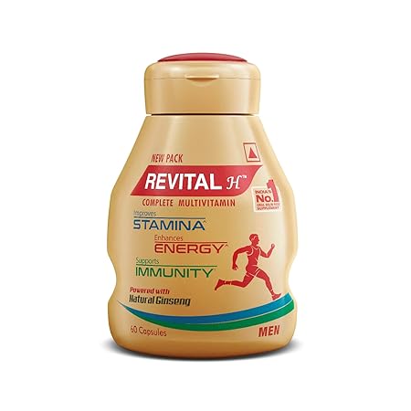 Revital H Multivitamin For Men (60 Capsules) With Natural Ginseng, Zinc, 10 Vitamins & 8 Minerals For Daily Energy, Stamina & Immunity