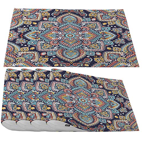 Moslion Paisley Medallion Placemats,Indian Floral Ethnic Mandala Ornament Henna Tattoo Style Place Mats for Dining Table/Kitchen Table,Waterproof Non-Slip Washable Outdoor Dinner Table Mats,Set of 4