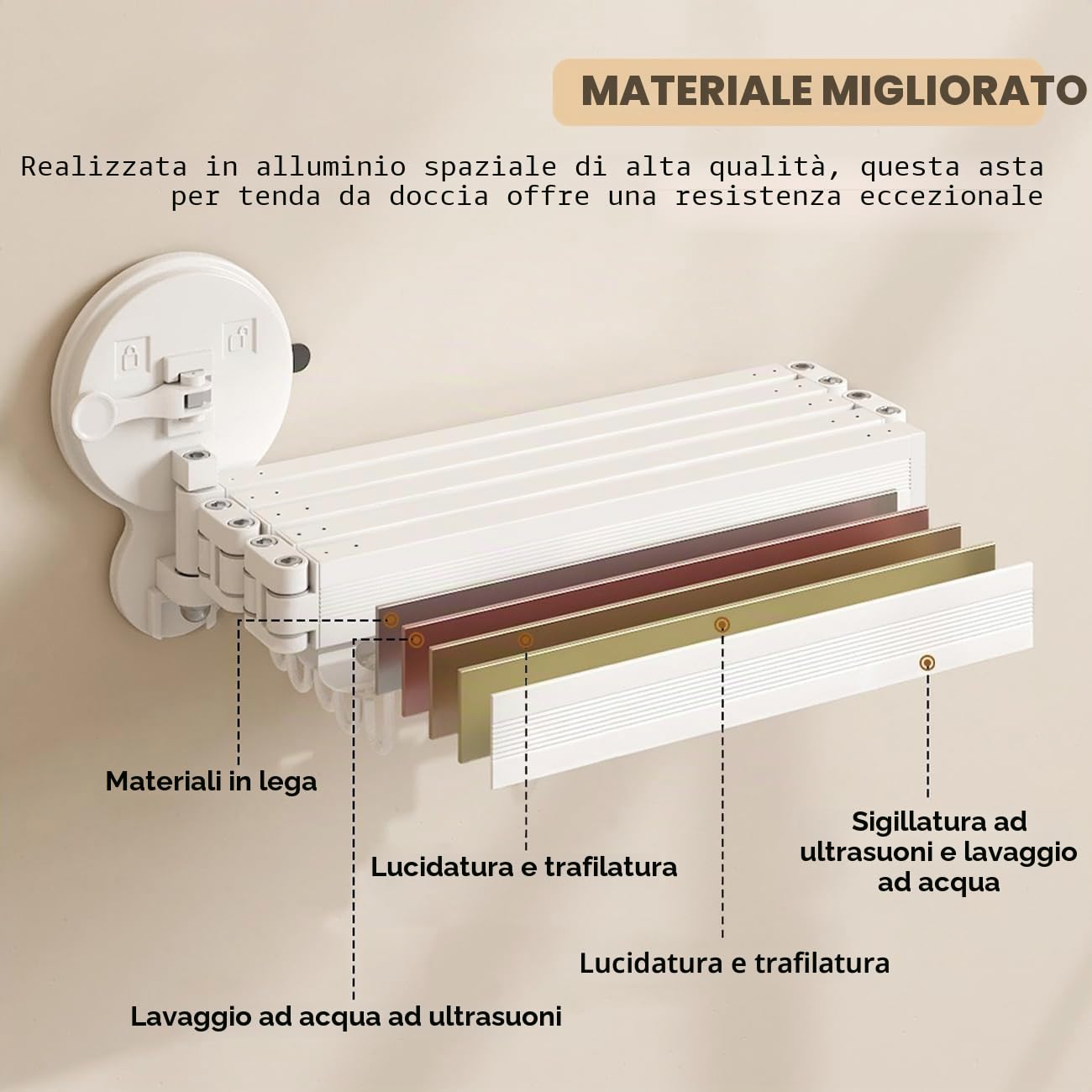 Asta per tenda da doccia pieghevole a parete con ventose senza punzonatura a 360 °, asta per tenda da doccia pieghevole per bagno, vasca da bagno, portabiancheria retrattile, 4 pieghe, 137,2 cm