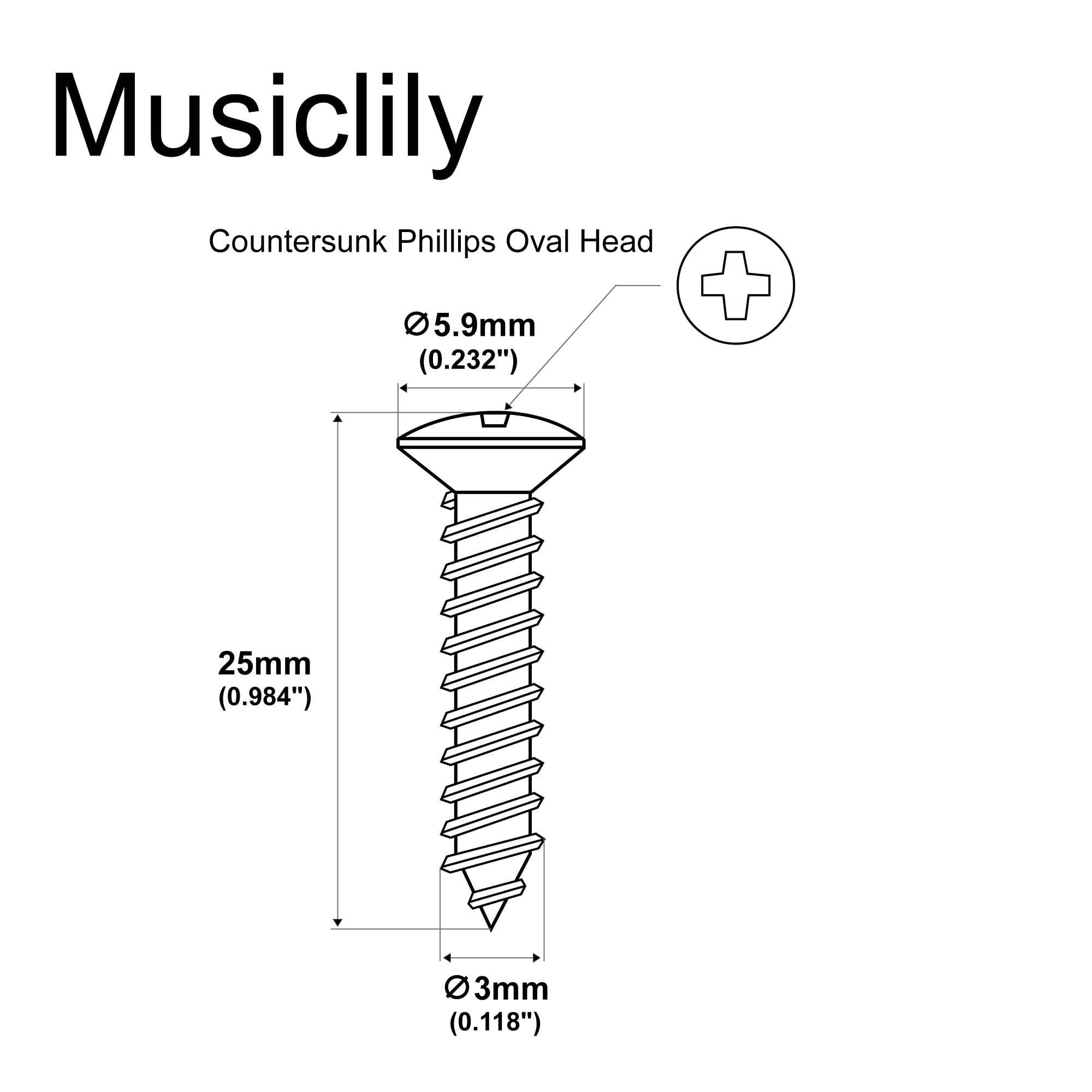 Musiclily Ultra 3x25mm Stainless Steel Countersunk Mounting Screws for Guitar or Ukelele Strap Button, Black (Set of 6)