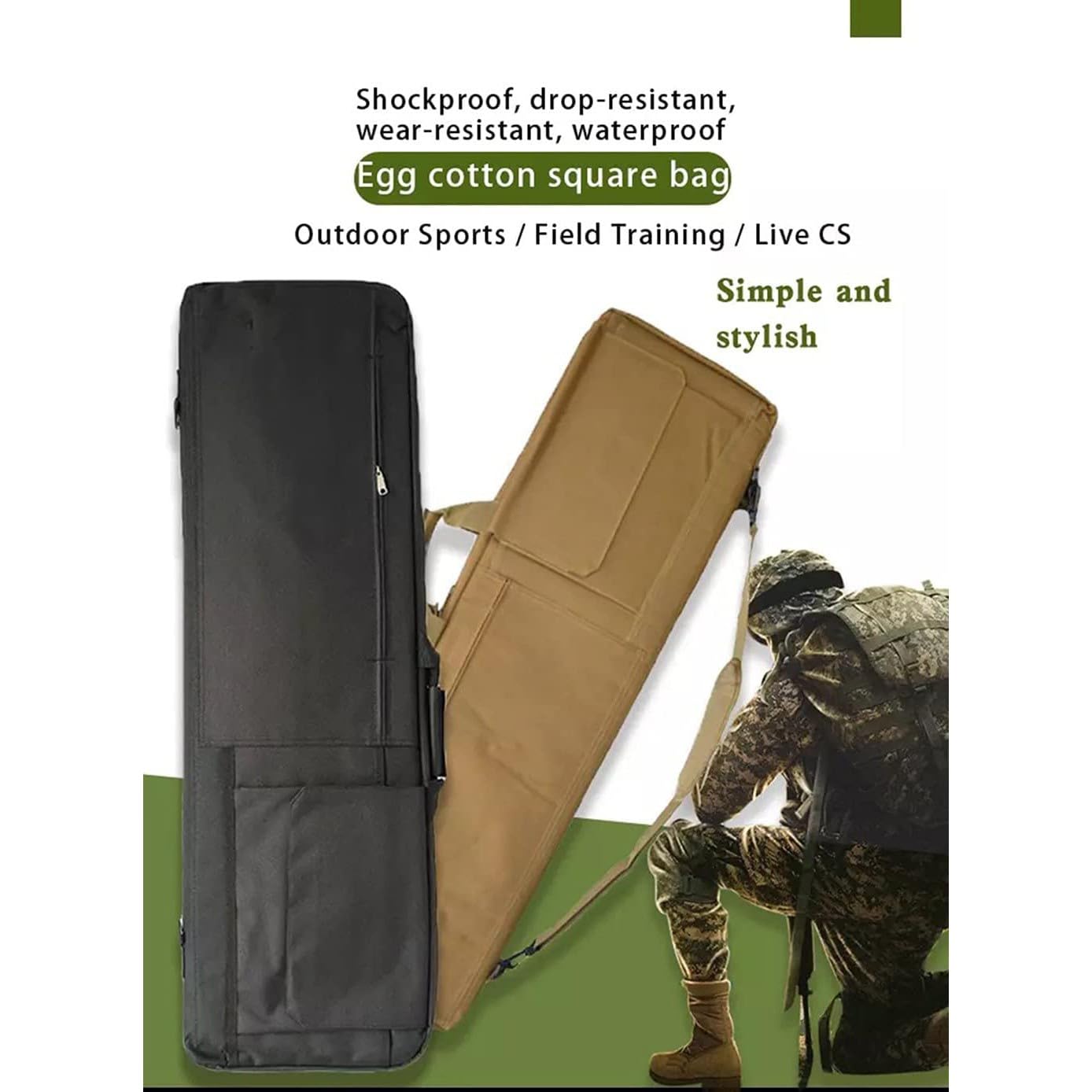 Borsa morbida per fucile, borsa tattica per armi da esterno, custodia tattica fucile, zaino portaoggetti imbottito Soft Air Caccia con Tasche Imbottitura Khaki,100CM