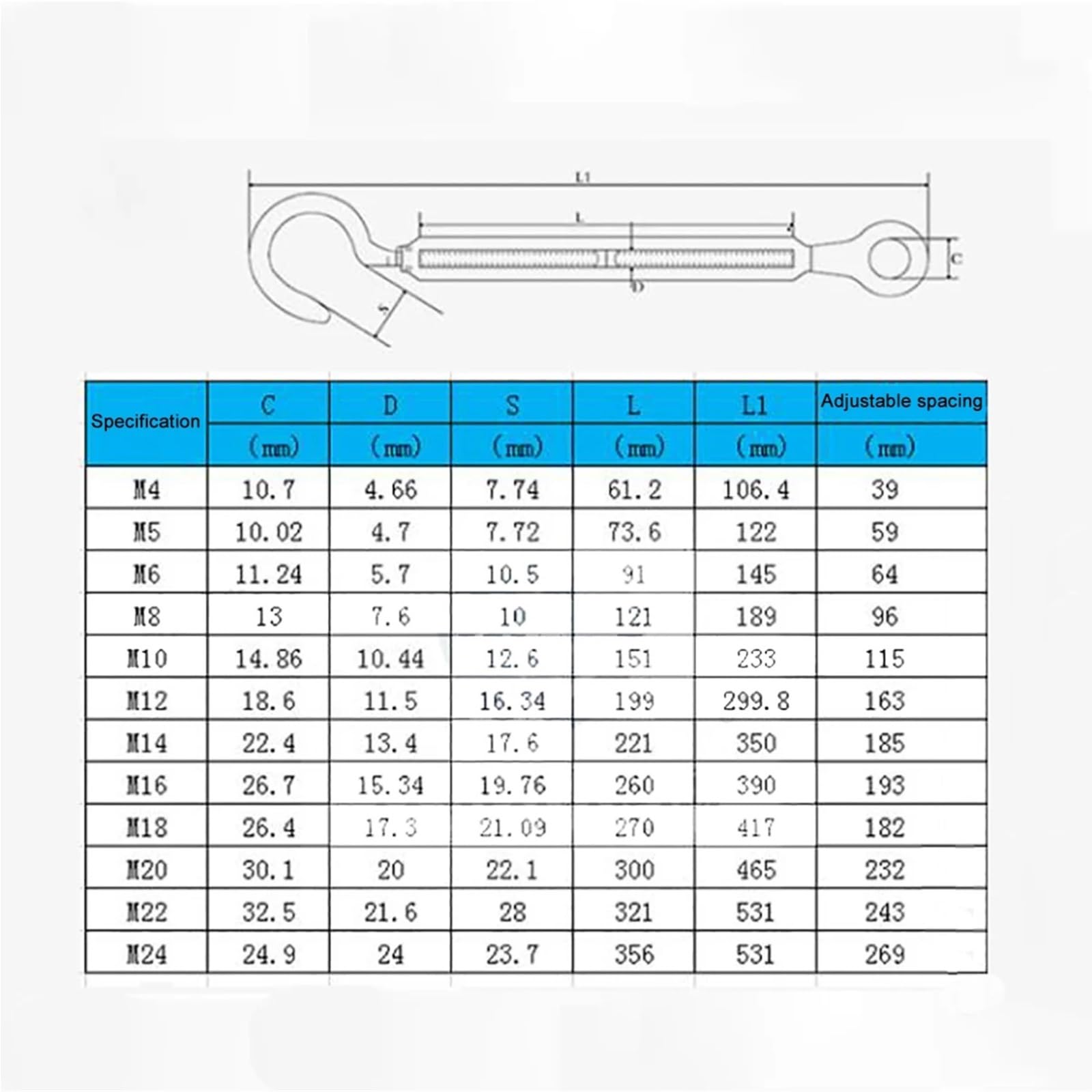 Tensor de cable con tensor de tornillo, 1 Uds 316 gancho de acero inoxidable y tensor ojo cuerda alambre(M20)