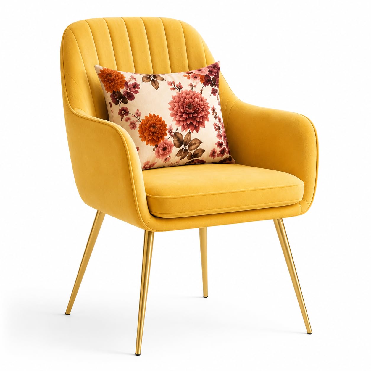 Modern Velvet Accent Chair with Gold Metal Legs || Chair with Multicolor Cushion Set of 1 (Yellow)-image-41