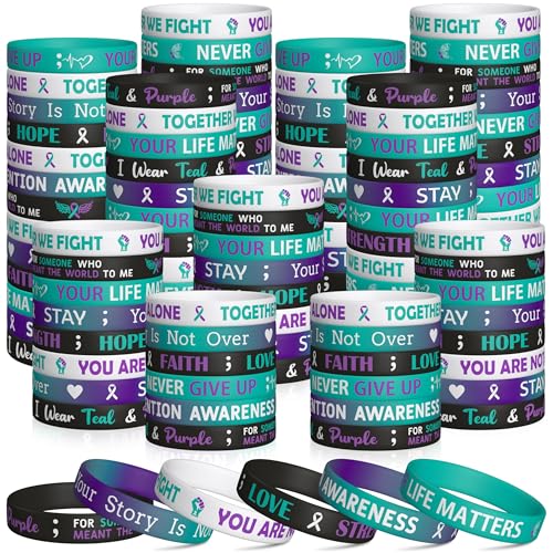WATINC Suicide Awareness Silicone Wristbands Set Suicide Prevention Awareness Pieces Ribbons Stretch Wristbands Motivational Rubber Bracelet with Inspirational Messages for Men Women Teen (48Pcs)