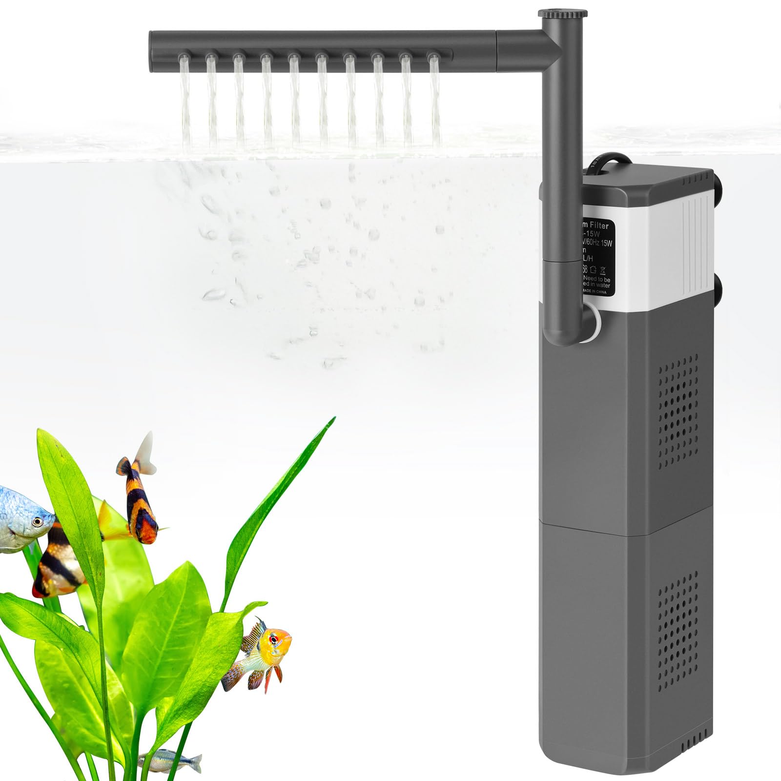 Filtro de acuario ultra potente de 15 W 210 GPH para peceras de 15 a 40 galones, filtro ajustable 3 en 1, filtros internos sumergibles para tanques de tortuga/camarón/cría