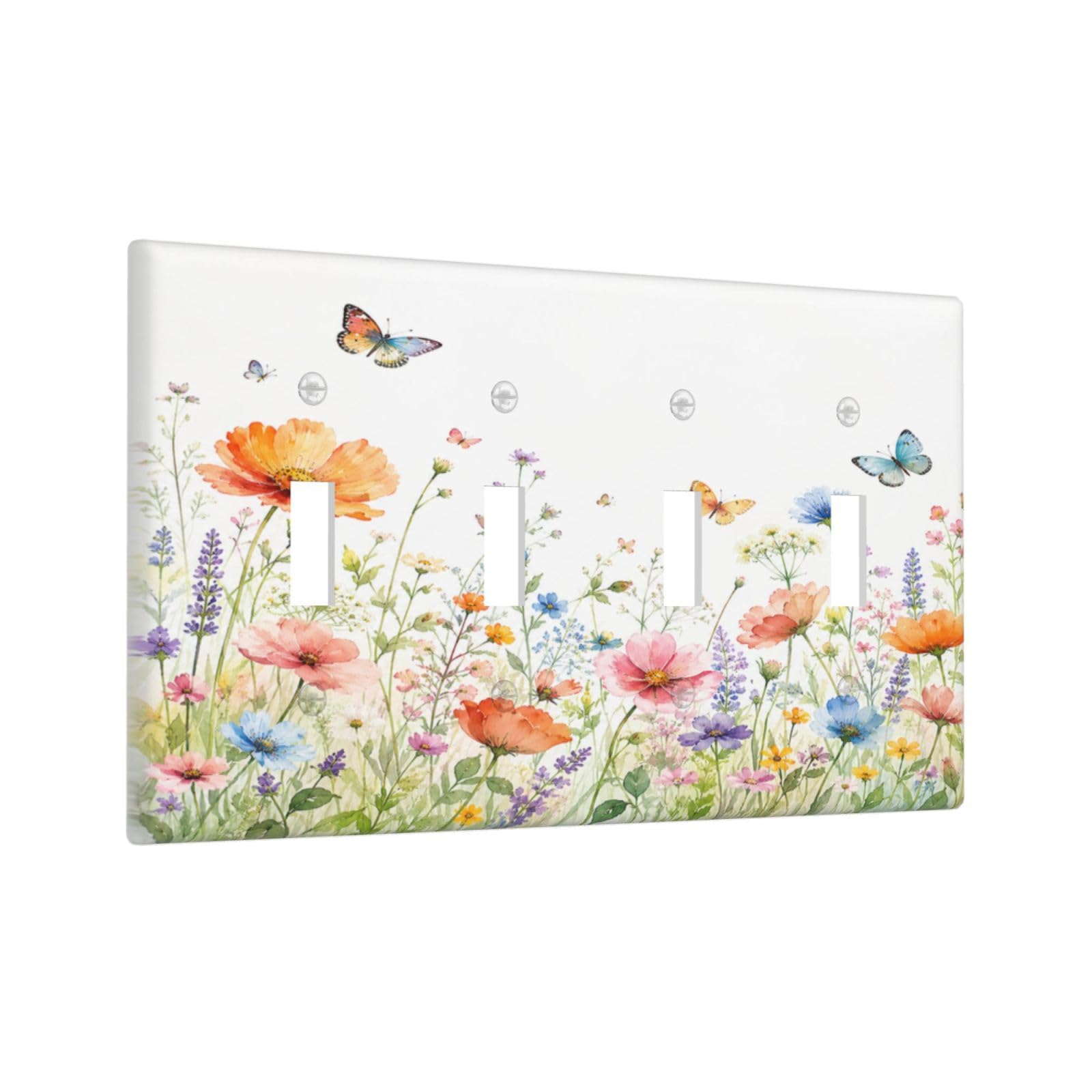 Xuejiaku Decorative Light Switch Cover Plate Watercolor Wild Lavender Butterfly Spring Meadow Floral 4 Gang Wall Plates Quad Toggle Switch Plate Covers Outlet Covers Faceplate for Home Decor
