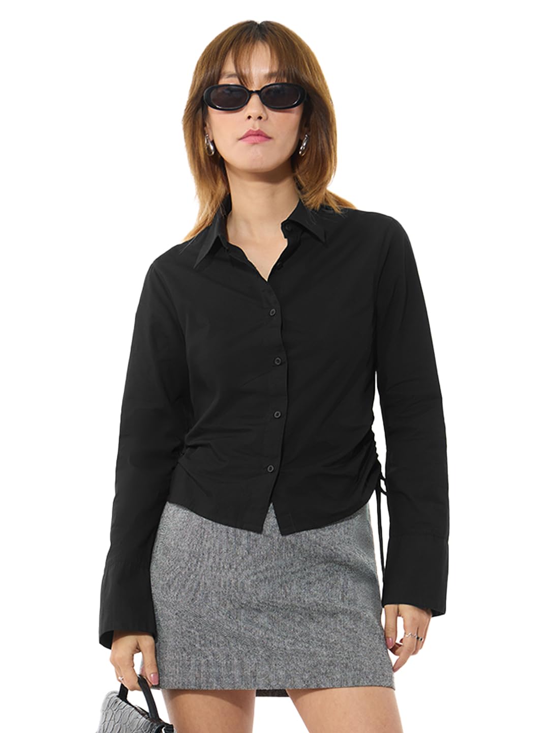 the souled store Tailored Solids: Raven Black Women and Girls Full Length Spread Collar Raven Black Solid 100% Cotton Slim Fit Adjustable Side Ruching Lightweight Everyday Shirt-picture-17