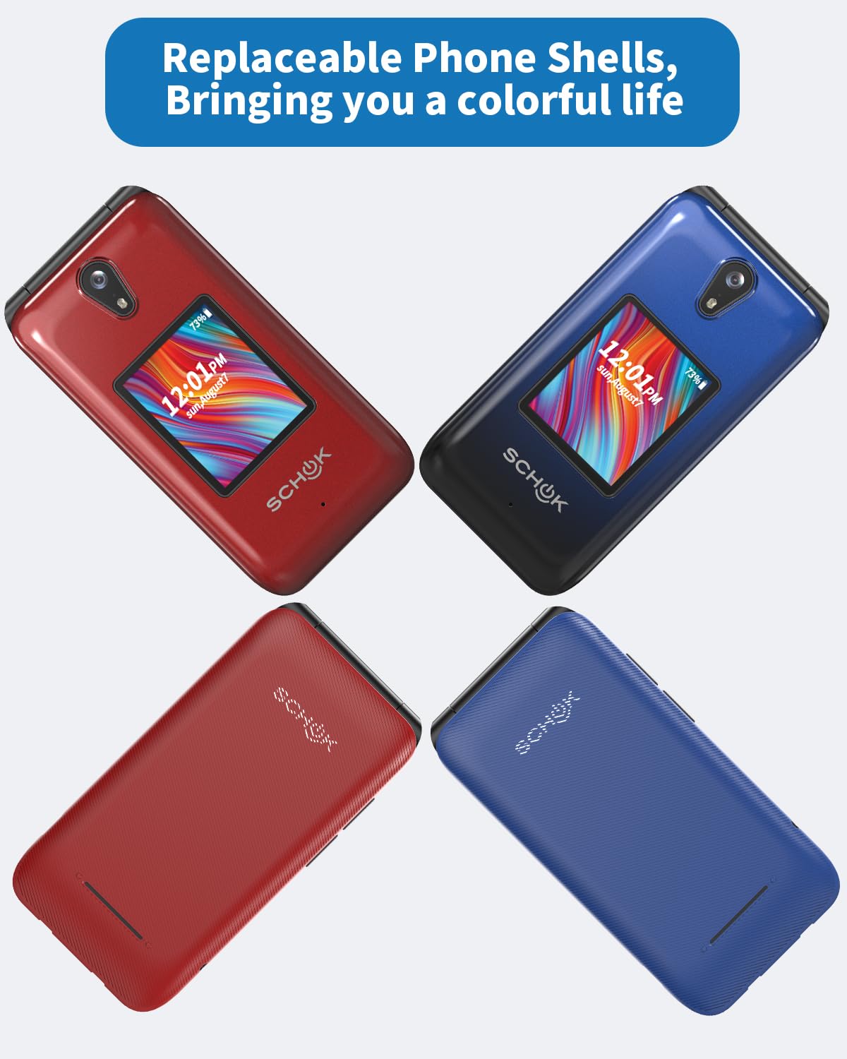 Schok 4G Flip Phone Unlocked, 3.2" Dual Screen Flip Phones for Seniors & Kids, Basic Phone for Travel，AT&T/T-Mobile Compatible, Big Button, Replaceable Shells (Blue/Red)