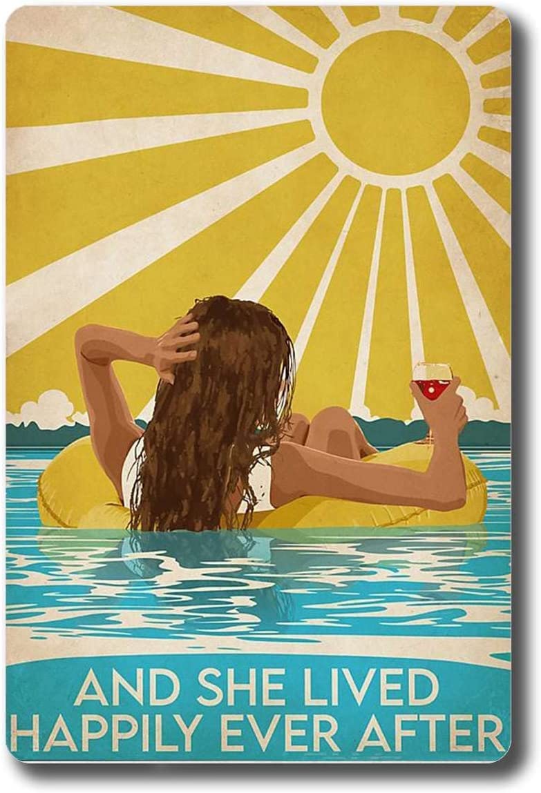 and she Lived Happily Ever After Poster Beach Lover Vacation Poster Wine and Travel Wine Lover Poster Tin Sign Retro Bar Coffee Pub Gift Wall Decor Sign 8x12 Inch