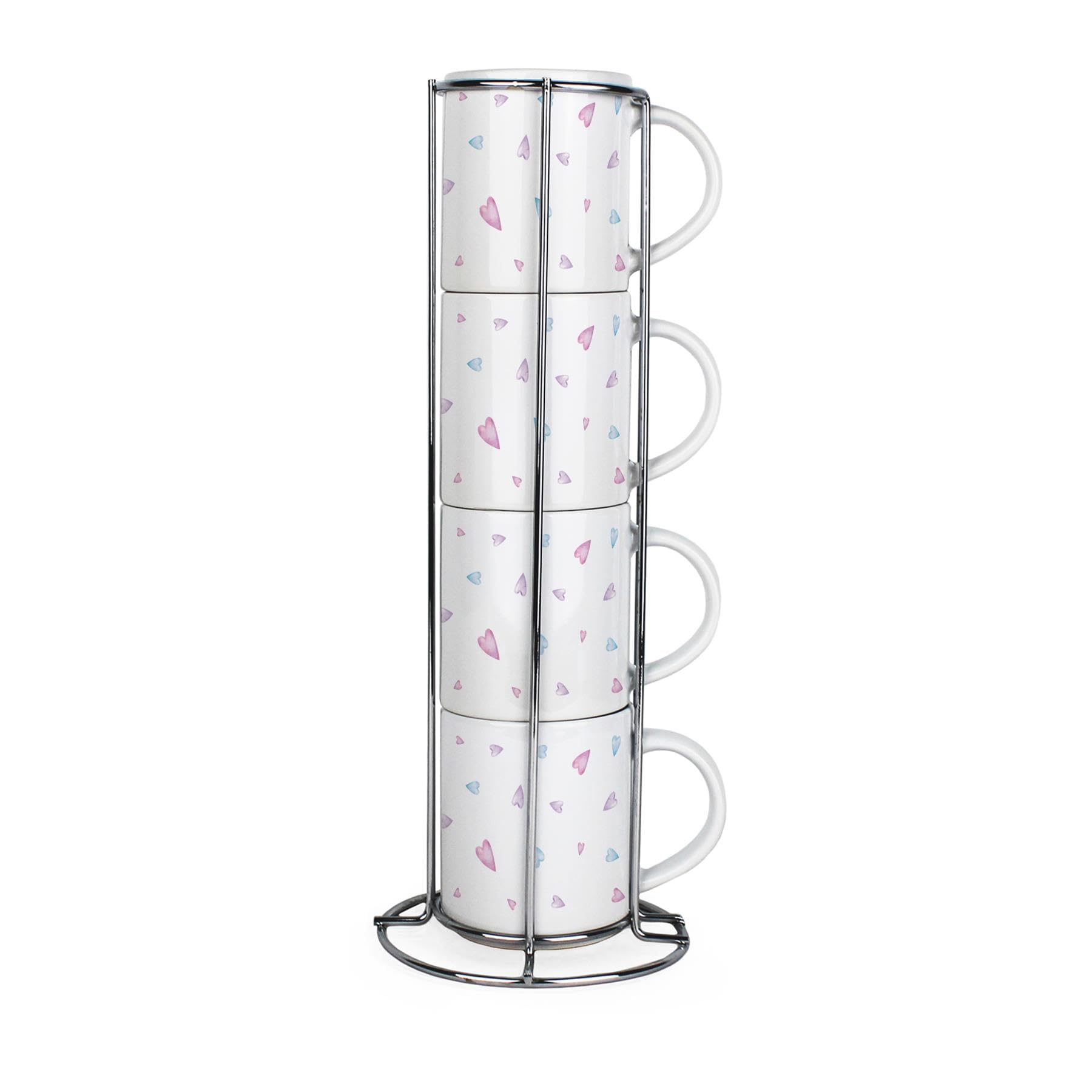 Juego de 4 tazas apilables de corazones azules y rosas, bonitas tazas temáticas de amor, regalos para parejas, juego de 4 tazas de cerámica con soporte de metal