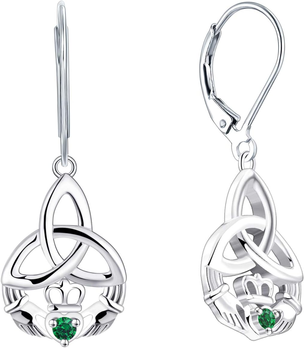 JO WISDOM Women Claddagh Earrings,925 Sterling Silver Irish Celtic Claddagh Love Heart Drop & Dangle Leverback Earrings