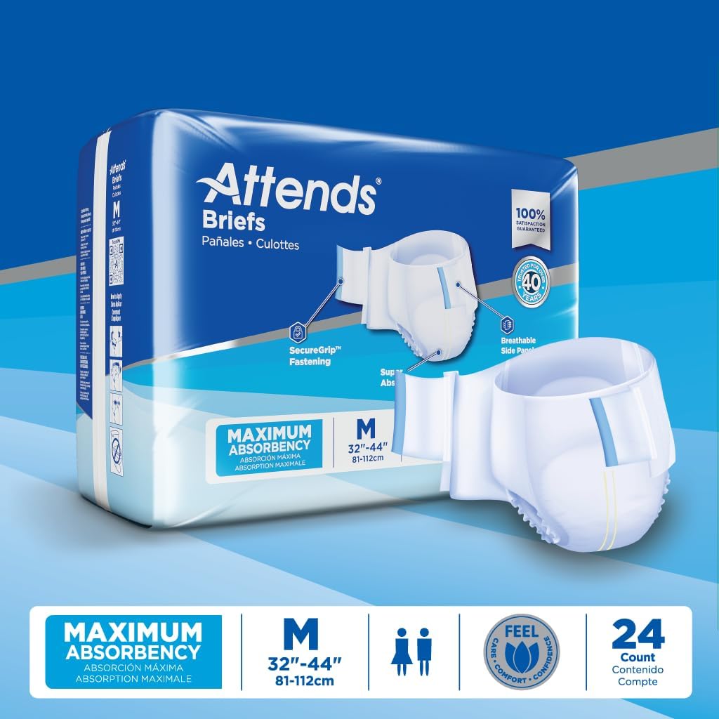 Attends Adult Incontinence Disposable Briefs, Medium, 32"-44" Waist with SecureGrip Tab Closure, Maximum Absorbency with Dry-Lock Containment Core and SmartCool Breathable Materials, 96ct Case