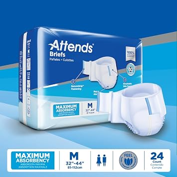 Attends Adult Incontinence Disposable Briefs, Medium, 32-44 Waist with SecureGrip Tab Closure, Maximum Absorbency with Dry-Lock Containment Core and SmartCool Breathable Materials, 96ct Case