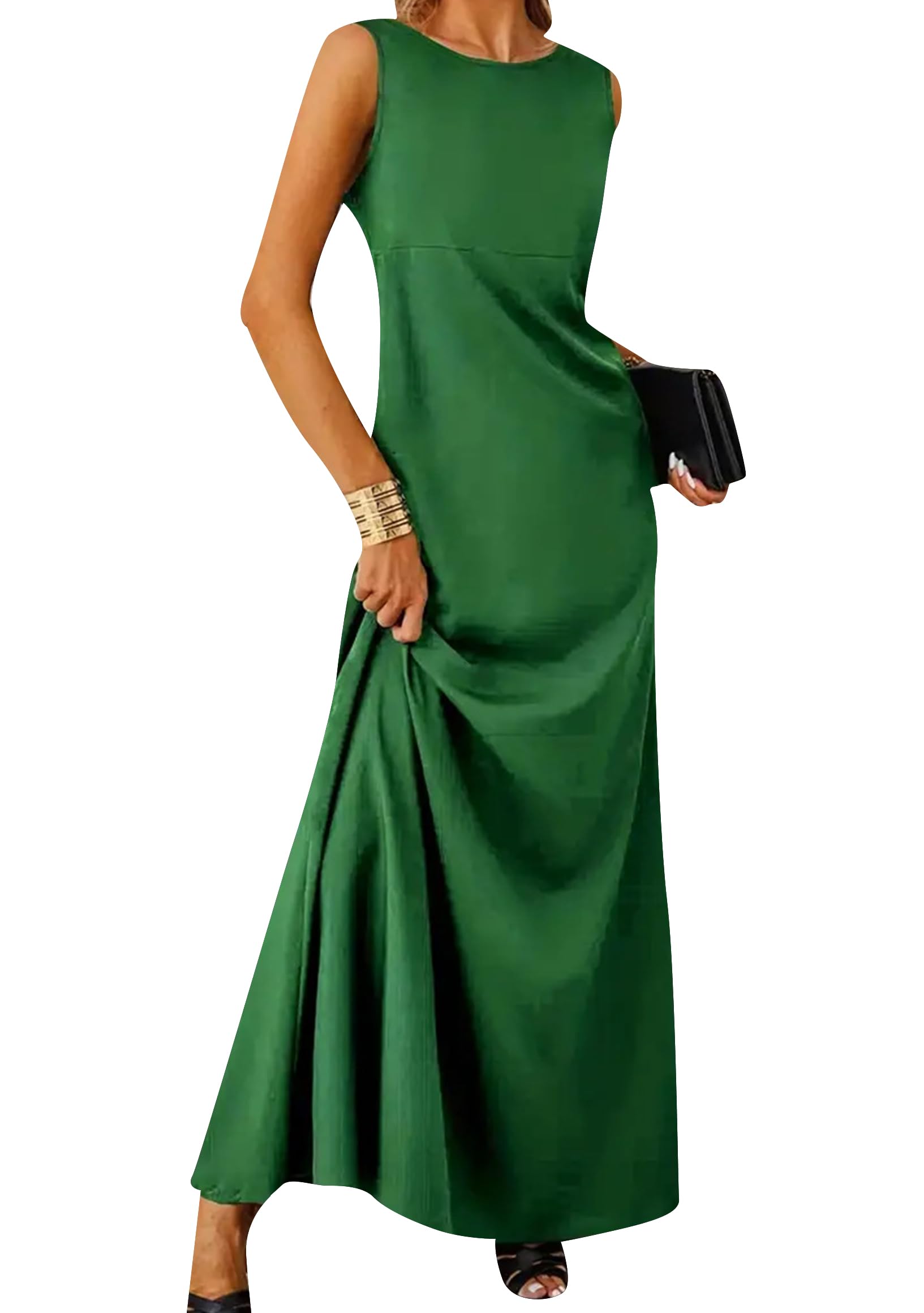 GORIFE Women's Sleeveless Summer Crew Neck Flowy Slim Dress Casual Solid Color Swing Tank Dress