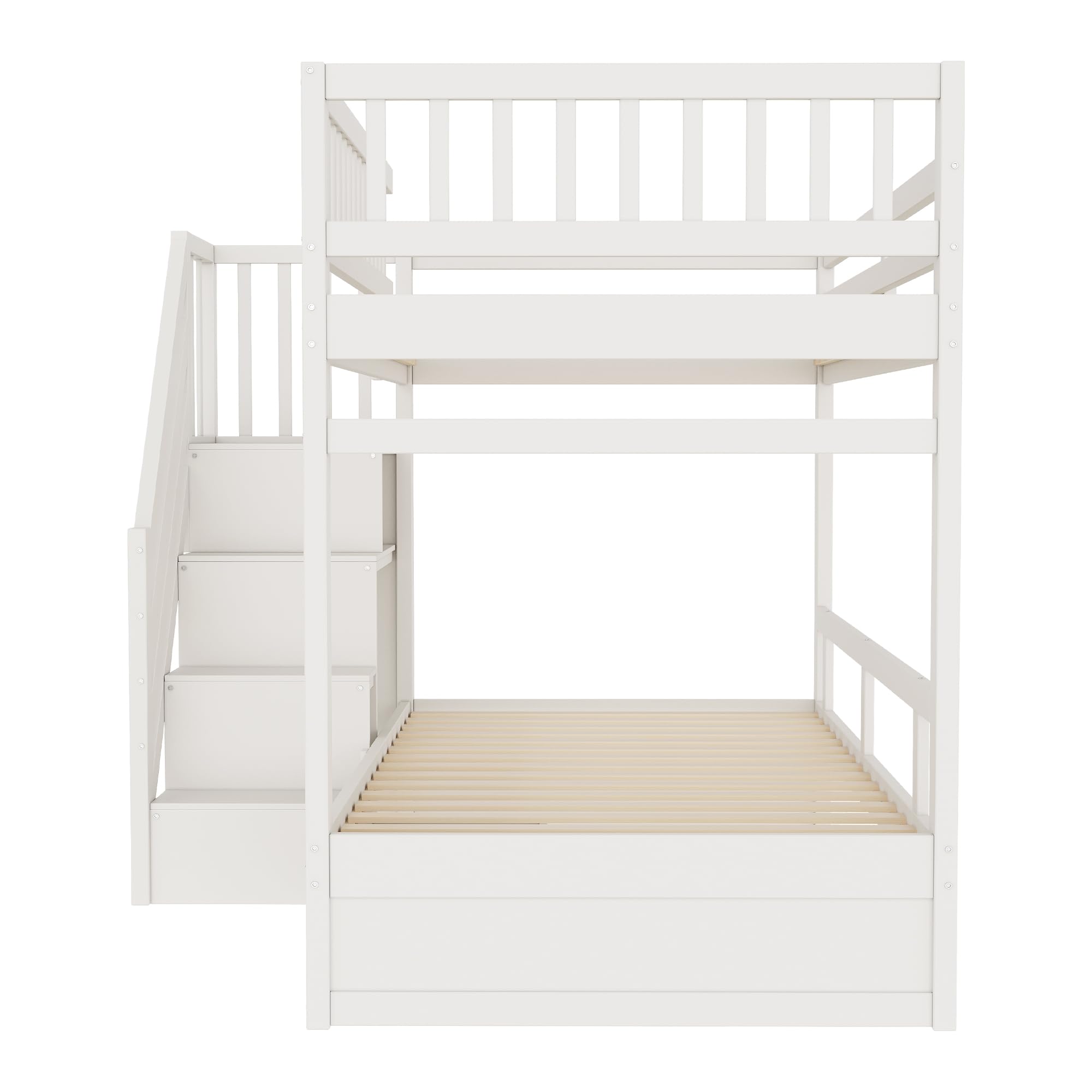 Letto a castello 90x200, letto per bambini con scala e armadio, letto a soppalco con cassetti, rete a doghe in legno, bianco, senza materasso