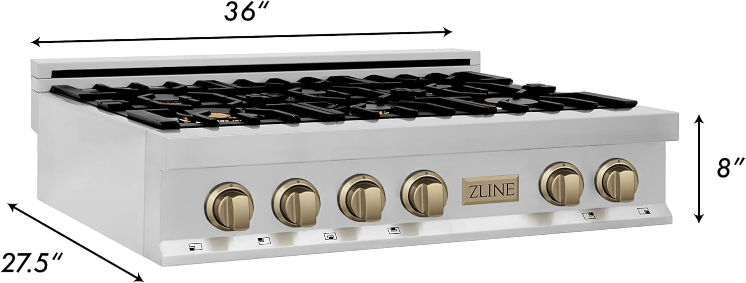 ZLINE Autograph Edition 36 in. Legacy Gas Rangetop with 6 Burners and Porcelain Cooktop in Stainless Steel with Champagne Bronze Accents (RTZ-36-CB)