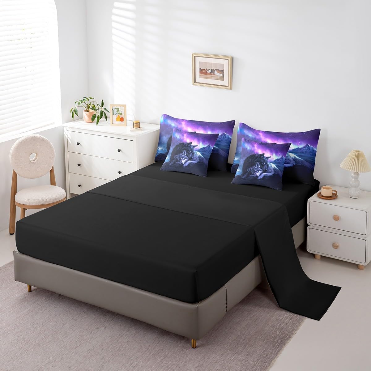 Castle Fairy Wolf Animal Bedding Set,Sleeping Wildlife Wolves Queen Comforter Set with Sheets for Kids Boys Girls Teens Room Decor,Ombre Purple Aurora Bed in a Bag 7 Piece for Bedroom Living Room