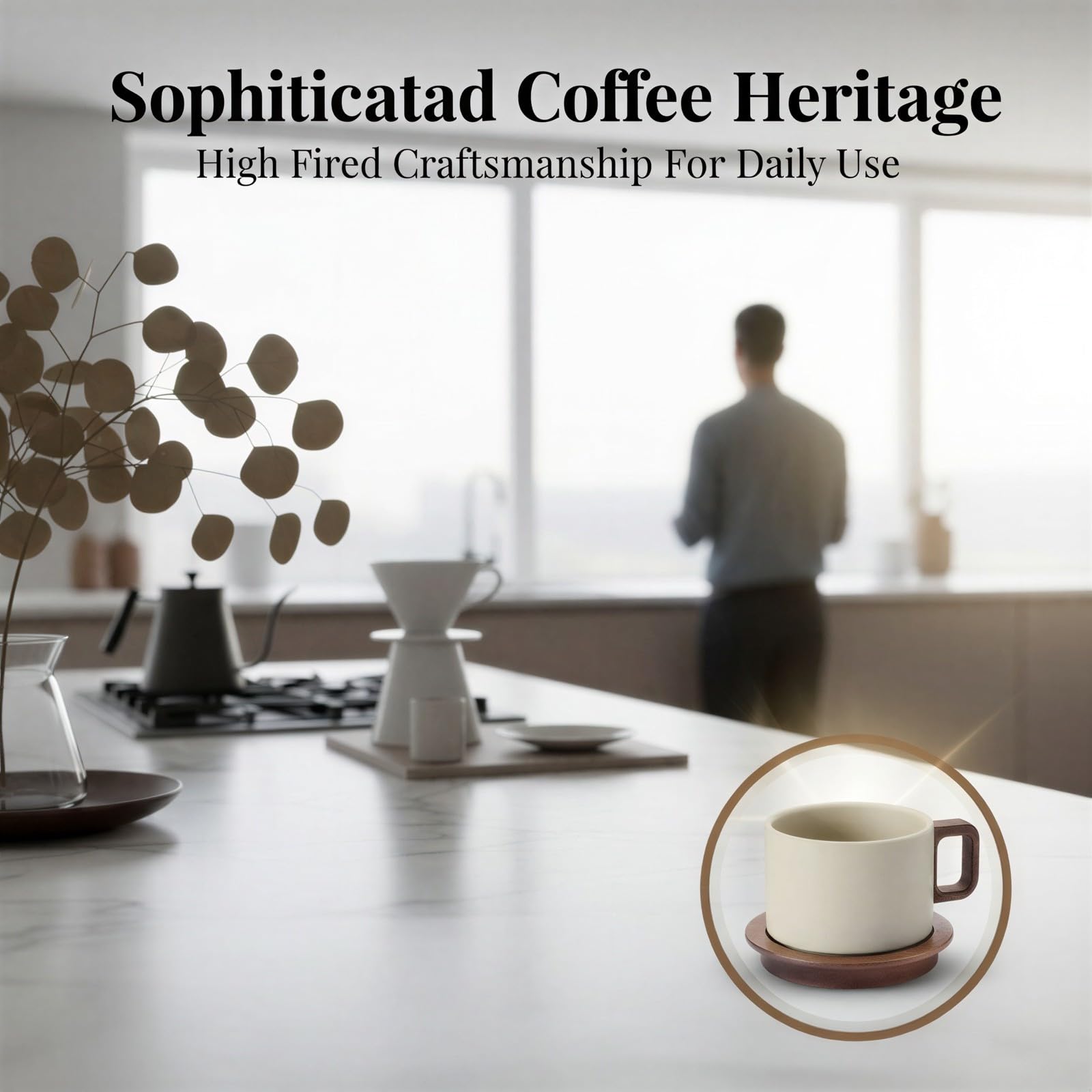Keramik-Kaffeetassen-Set, 8,5 oz / 250 ml, Vintage-Steinzeug-Espressotasse mit Akazienholz-Untertasse und Löffel, Hitzeschutzgriff, Becher für Latte, Cappuccino, Zuhause und Büro