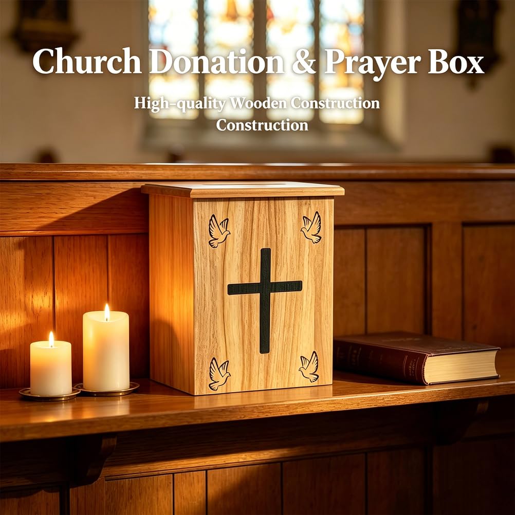 Holz-Spendenbox für die Kirche mit Schloss und 2 Schlüsseln, zur Wandmontage oder als Tisch-Spendenbox mit breitem Schlitz, sichere Sammlung und Zehntbox für das Gebetszimmer der Kirche