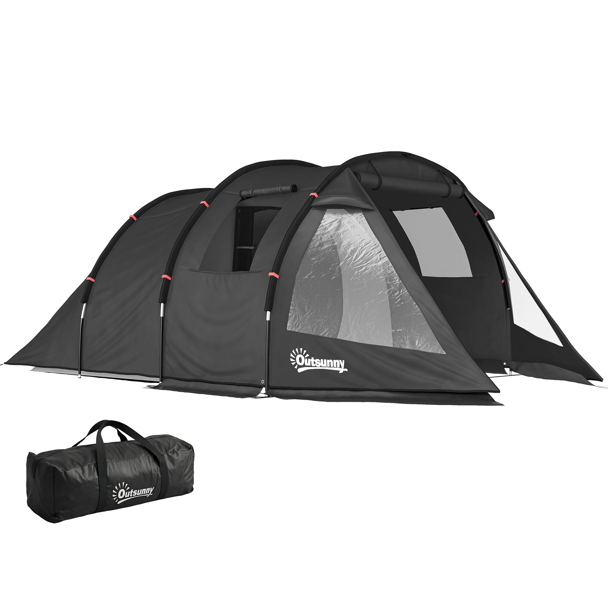 Outsunny Campingzelt für 3 Personen leicht, stabil Familienzelt mit Tür Fenster, Packtasche, groß Tunnelzelt mit 2000mm Wassersäule Zelt für Camping Reise Trekking Garten