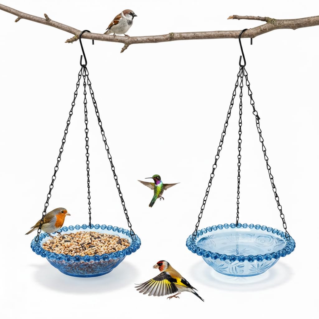 2 Pack Hanging Bird Bath and Feeder, Weather Resistant Plastic Bowl with Chains and Hooks, 2-in-1 Outdoor Garden Water and Seed Dish for Wild Birds, Yard, Patio, Balcony and Fence, Nature Blue