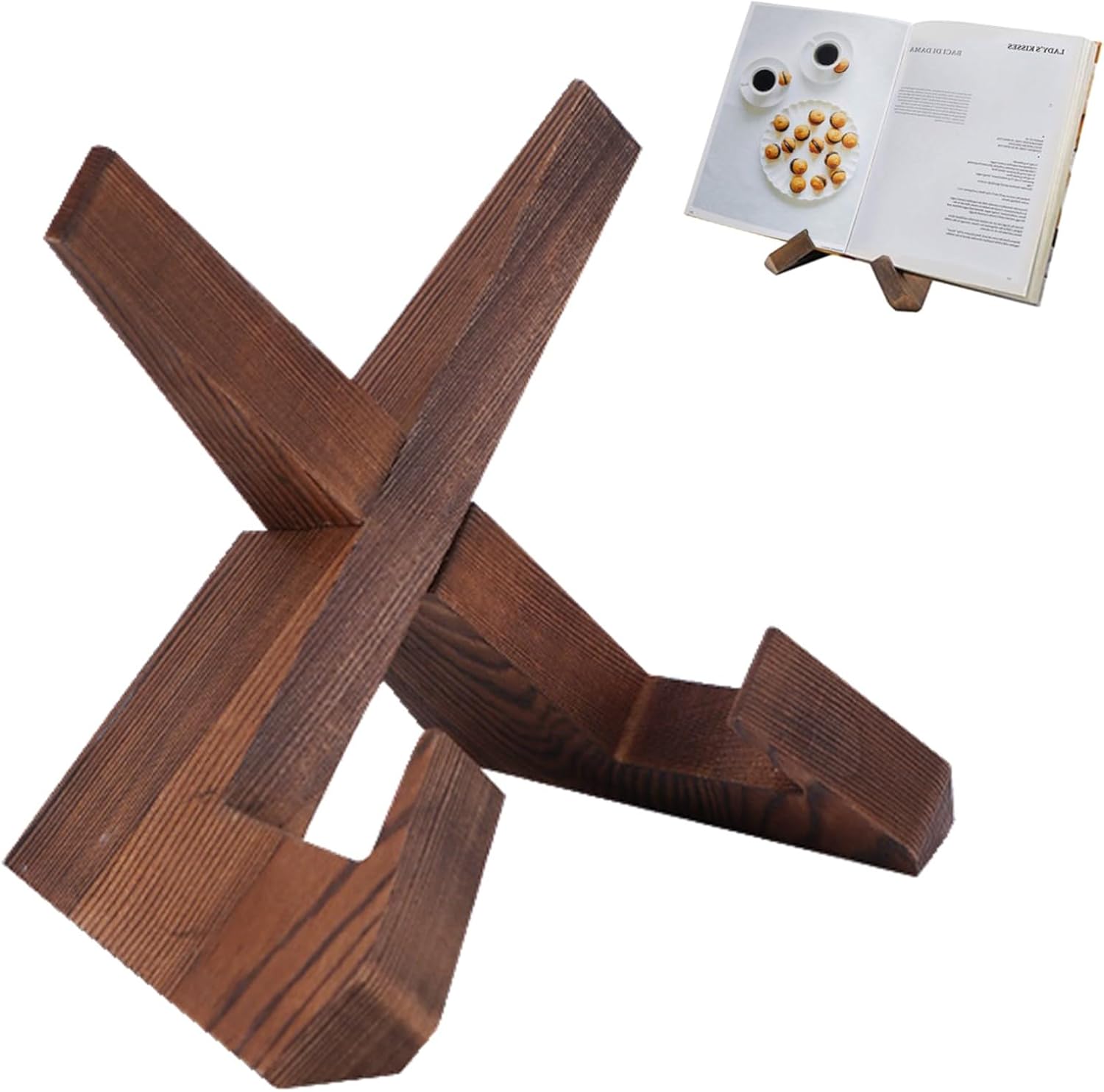 Cross Design Cookbook Stand - Beautiful Wood Texture, Stable Structure - Wooden Recipe Book Holder - Multifunctional Display Stand, Kitchen Counter Decor - Brown