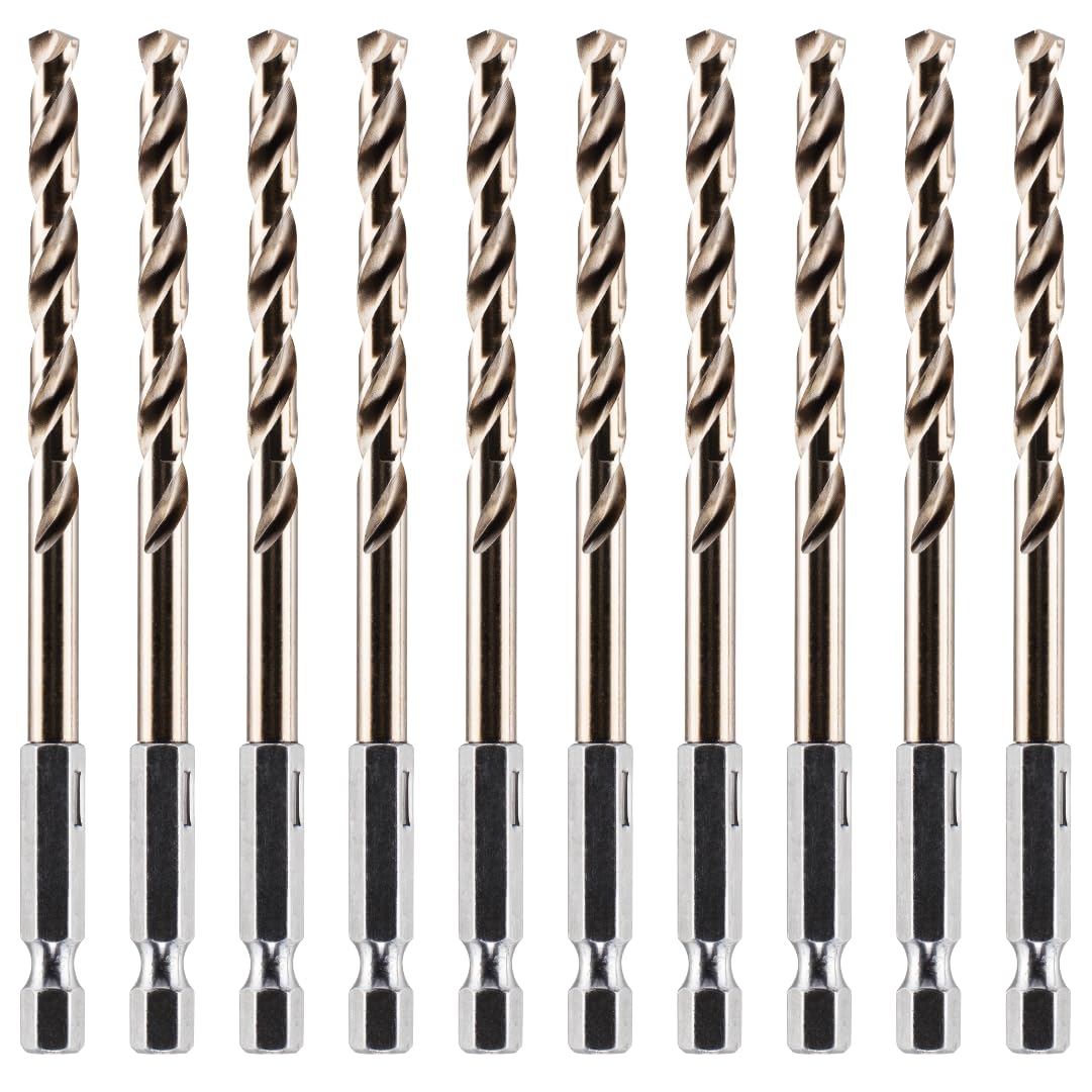 Rennie Tools - Box Of 10 x 5.6mm Hex Shank HSS Gold Cobalt Jobber Drill Bit For Stainless Steel, Hard Metals, Aluminium, Cast Iron, Copper. Twist Drill Bit Sets. 5.6mm Drill Bits Metric Drill