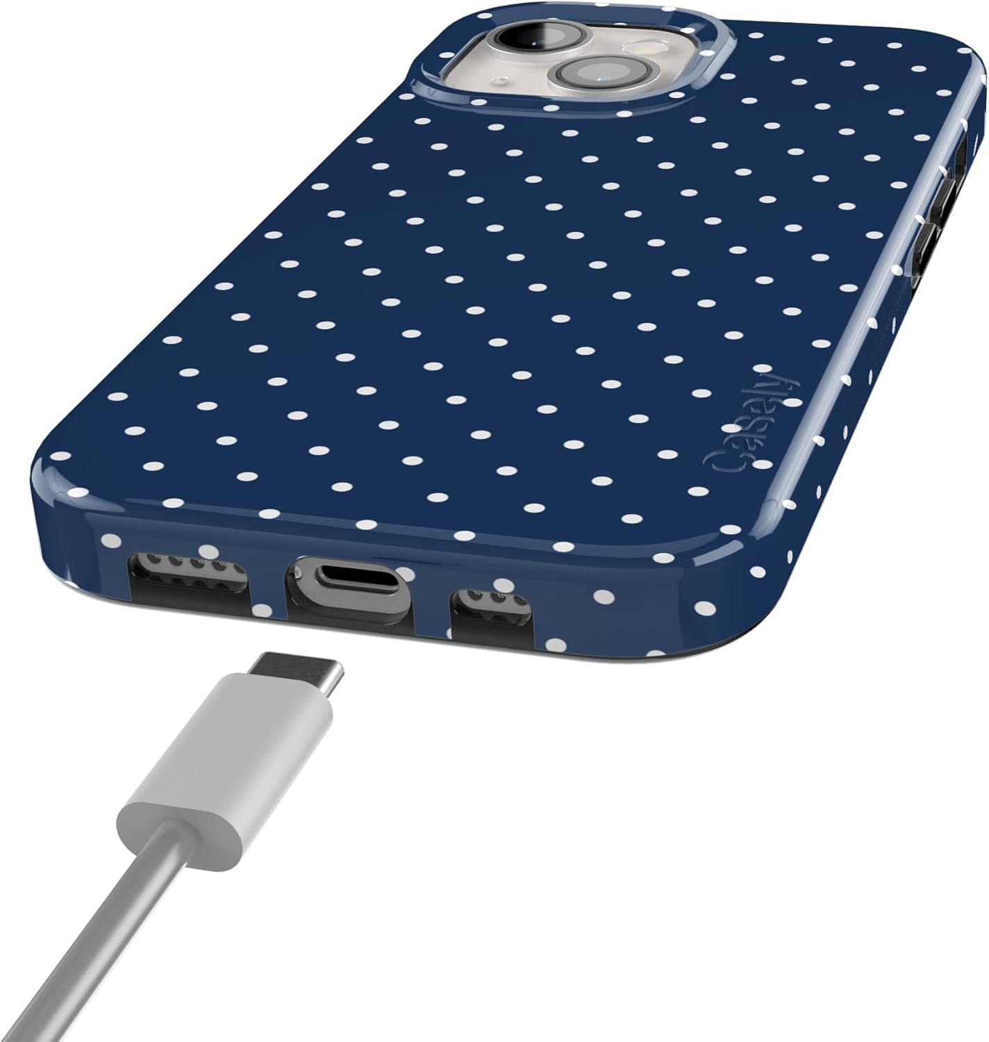 Casely iPhone 15 Case | On the Dot | Navy Polka Dot | Compatible with MagSafe | Classic Ultra Slim Design