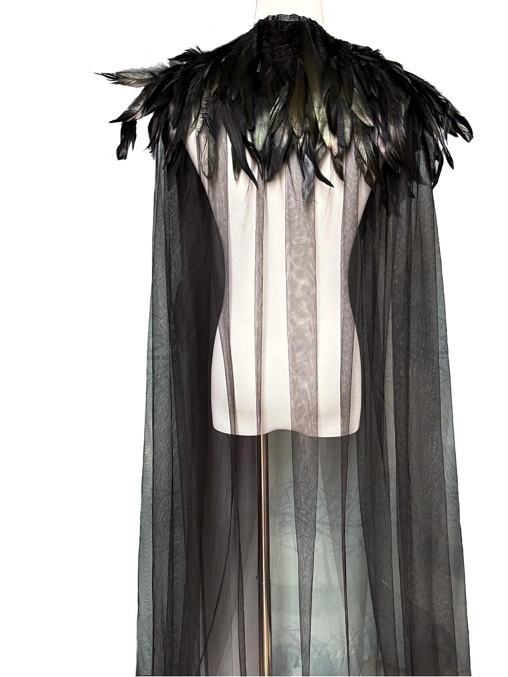 Yoodeet Gothic Feathered Cape, Black Sheer Mesh with Feather Collar, Full Length Costume Cloak (Black) - Image 2