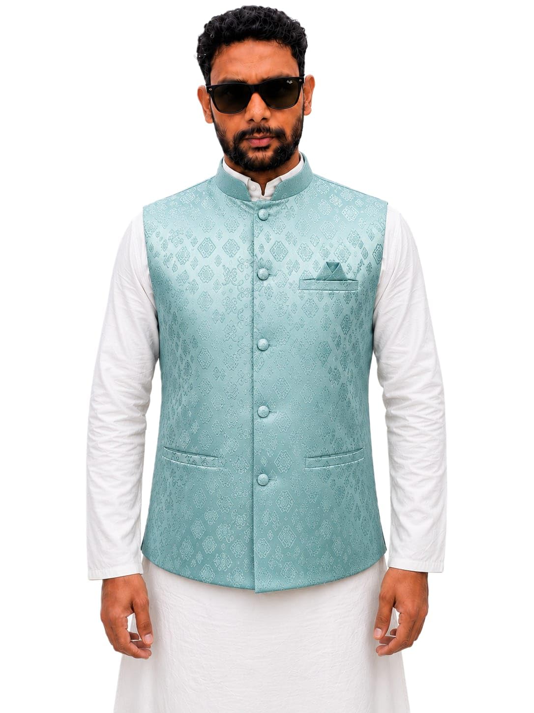 Men's Jacquard Nehru Jacket with Pocket Square, Ethnic Wear-picture-12