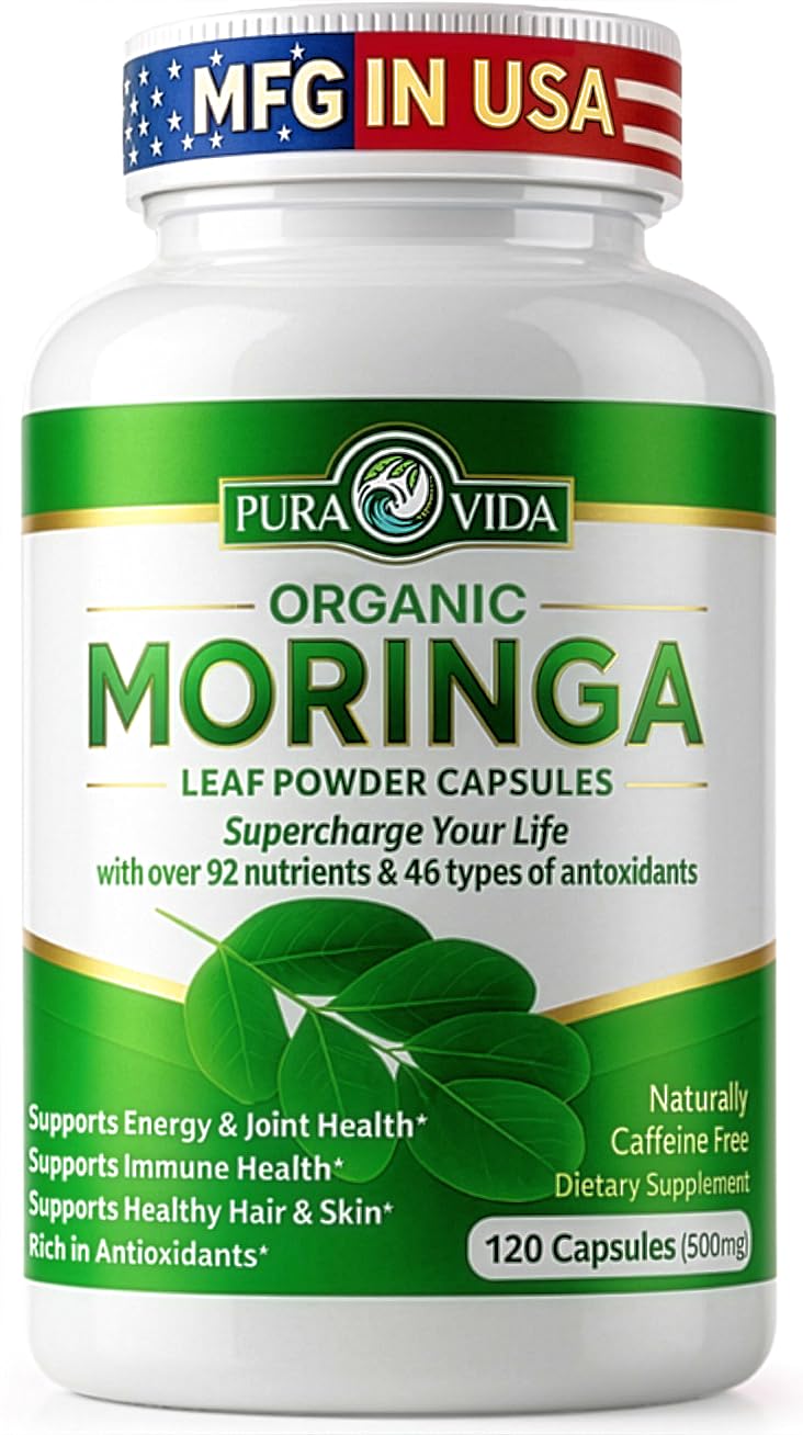 PURA VIDA MORINGA Capsules Single Origin Moringa Powder Organic. Moringa Leaf. Energy, Metabolism, & Immune Support. 120ct. 500mg Caps.