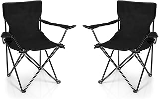 BigDean Black Metal Oxford Fabric 2 x Folding Chair with Drink Holder and Carry Bag - Camping, Fishing, Garden, Beach, Fes Price In India